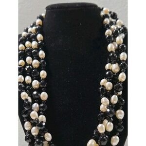 Pair Vintage Necklaces  Acrylic Faux Onyx & Pearl 9" Drop Faux Onyx 12" Drop